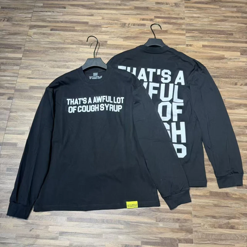 Men American Simple Letter Print THAT'S A AWFUL LOT OF COUGH SYRUP Long Sleeve T-shirt Crew Neck Drop Shoulder Streetwear Tee