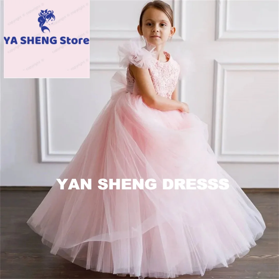 Customized Flower Girl Dresses Pink Tulle Flory Appliques With Bow Short Sleeve For Wedding Birthday Party Banquet Princess Gown