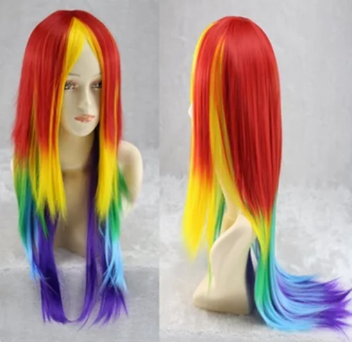 Synthetic Hair Women 27.56'' Long Straight Rainbow Cosplay Wig Dash Multi Color Heat Resistant Party Wigs