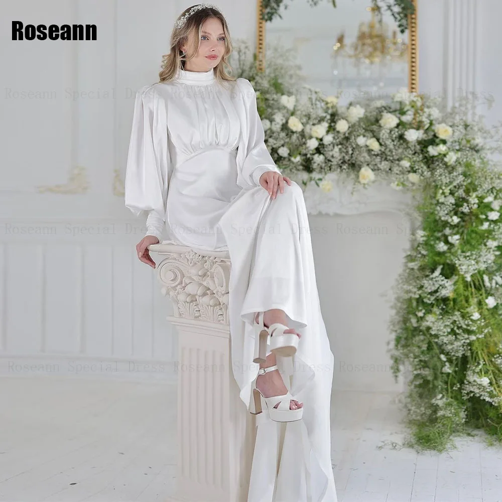 

Muslim Simple Ivory A-line Wedding Dresses Ruffle Satin Full Draped Pleat Brush Train Floor Length Bride Dress robe de mariée
