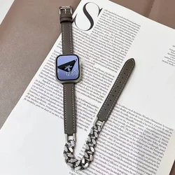 Double Tour Leather Strap for Apple Watch 49Ultra SE8 7 6 5 4 3 38mm/42mm Stainless Steel Chain for Iwatch Band 41/45mm