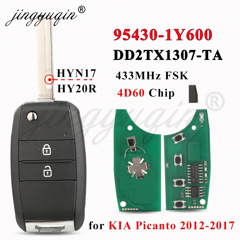 

jingyuqin для Kia Picanto Morning 2012-2017, выкидной ключ-пульт с 2 кнопками, 95430-1Y600, 433 МГц, 4D60, DD2TX1307-TA, HYN17/HY20R, Fob