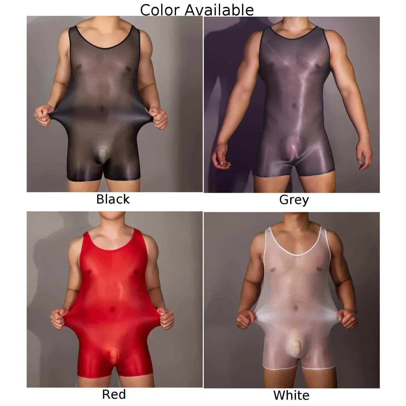 Men Gay Erotic Lingerie Bodysuit Oil Shiny Glossy Boxers Jumpsuit Leotard Wrestling Singlets Elastic Sex Sheer Bodycon Underwear