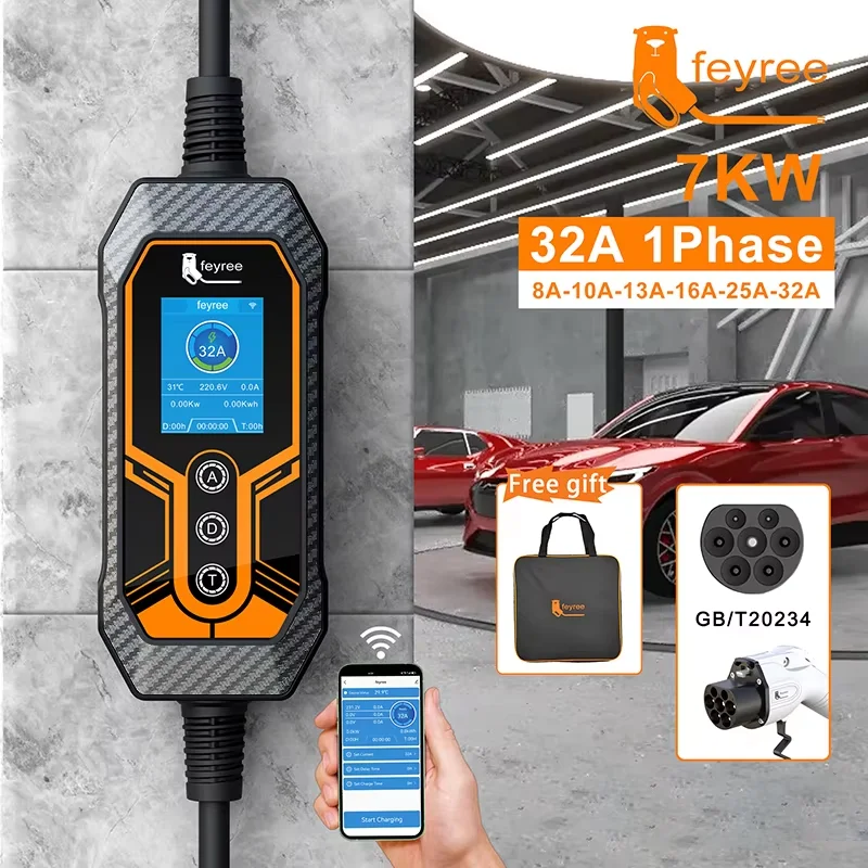 Feyree GB/T Socket EV cargador 11KW 16A 3 fases aplicación inteligente WIFI Bluetooth 32A 7KW 1 fase caja de carga portátil para vehículo eléctrico