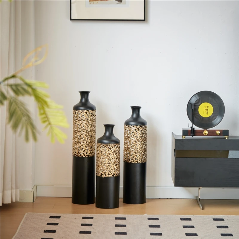3-Piece Handcrafted Metal Floor Vase Set, Black & Gold Cutout Design Tall Vases (20.8