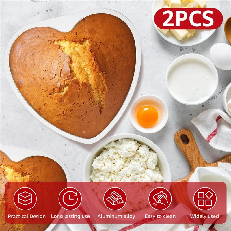 VEHO-2Pcs Heart Shape Cake Pans, 10-Inch Aluminum Alloy Cake Baking Molds, Cake Tins For Baking, Non Stick Heart Layers