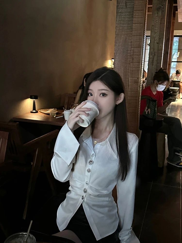 

White Silk irt Women's Autumn Winter New Design Waist Cinched Long Sve Top Korean Sle Commute Faion Fitted irt