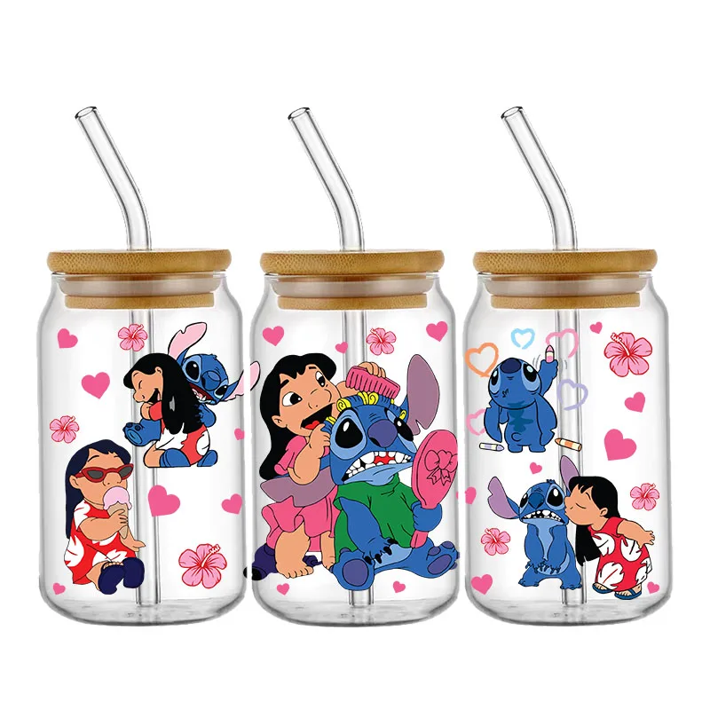 Stitch And Lilo UV DTF Cup Wrap 16oz Libbey Glass Can DIY Sticker Selfadhesive Washable Transfer Stickers Durable Glass Decals
