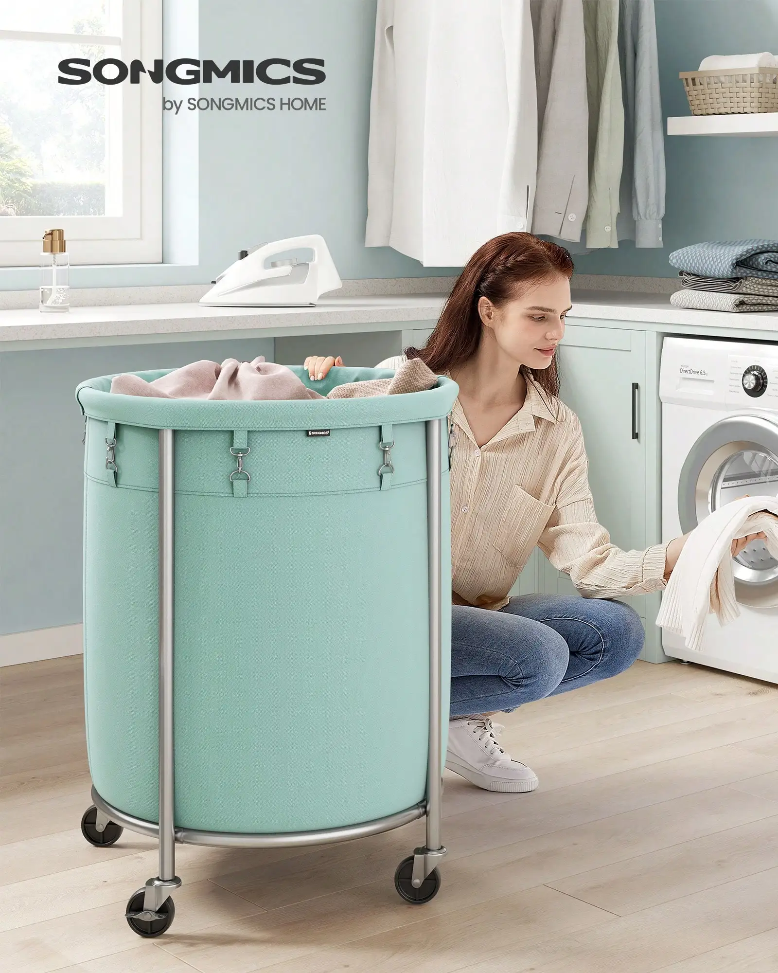 Laundry Basket With Wheels, Rolling Laundry Hamper, Round Laundry Cart With Steel Frame And Removable Bag, 4 Casters And 2 Brakes