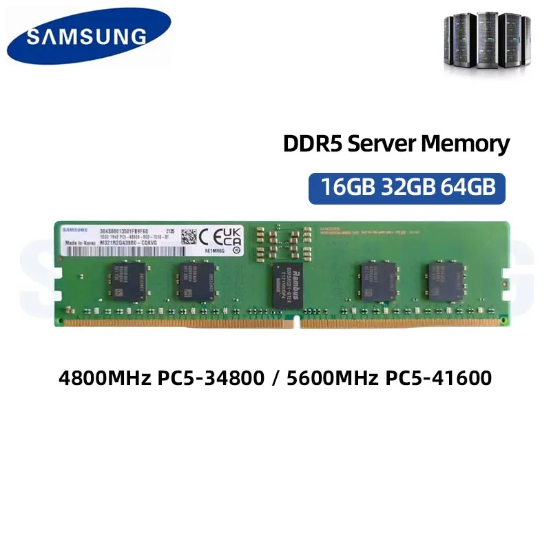 

Samsung DDR5 Ram 16GB 32GB 64GB PC5 4800MHz 5600NHz ECC REG Server Memory PC5-4800B PC5-41600 1.1V 288-Pin RAM Workstation