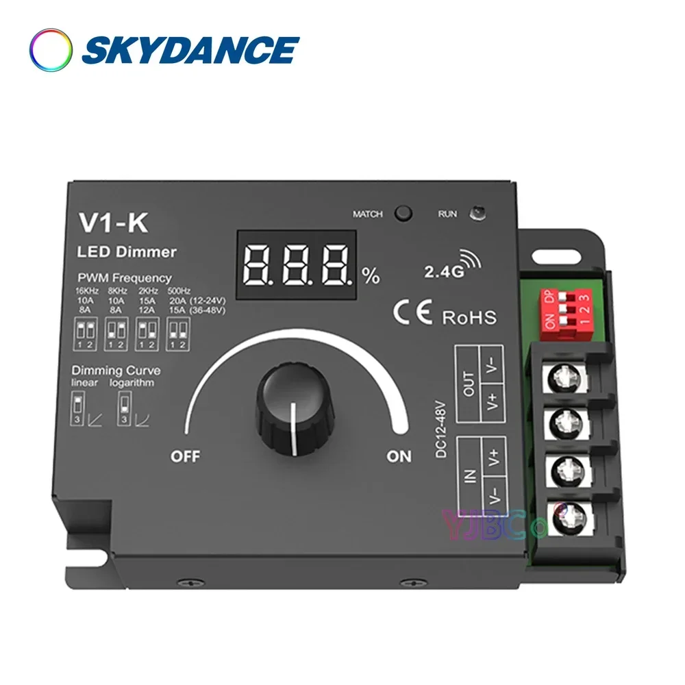 

Skydance 12V-48V 24V LED PWM Dimmer Switch 20A Frequency Adjustable Knob LED Strip Dimmer for Lighting Modules Controller V1-K