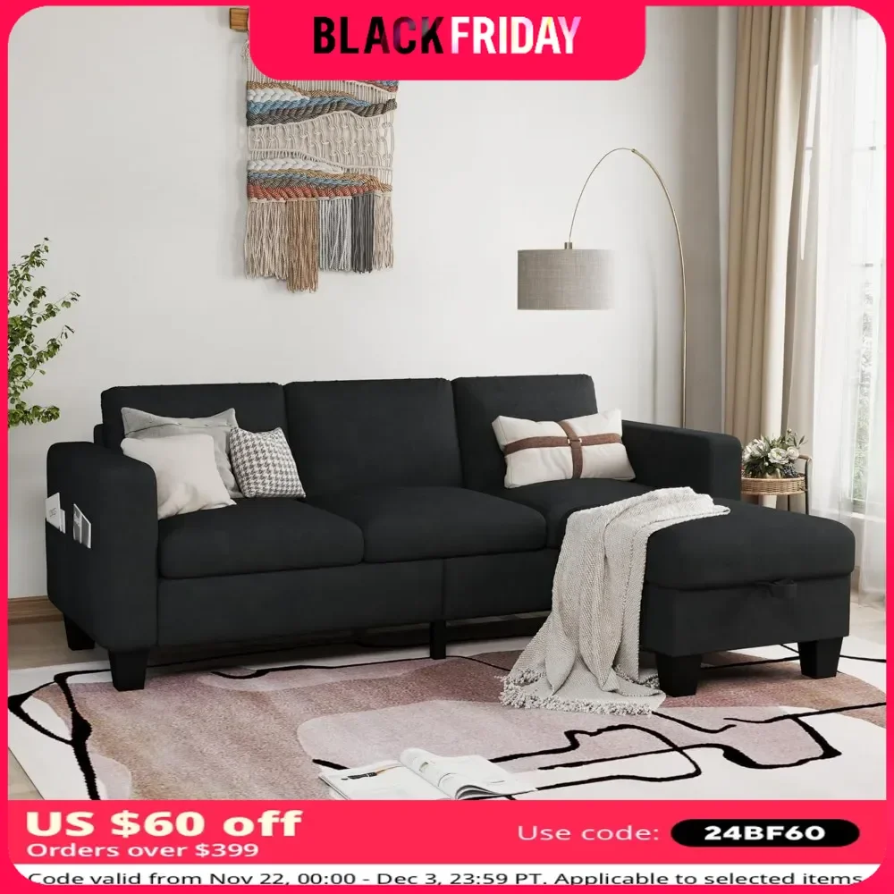 78'' Convertible Sectional Sofa Couch, Black 3 Seat L-Shaped Couch with Storage Ottoman, Modern Velvet Fabric Couches