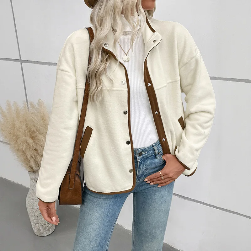 

Fashion Women's Patchwork Fleece Jacket Quality Elegant Button Loose Women Coats Fall Alternative Clothes