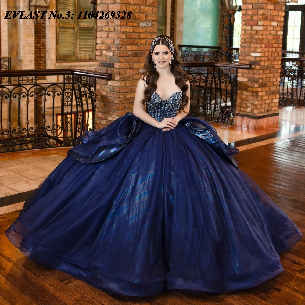 EVLAST Customized Shiny Navy Blue Quinceanera Dress Ball Gown Crystal Beaded Tiered Bow Sweet 16 Vestido De 15 Anos E3Q462