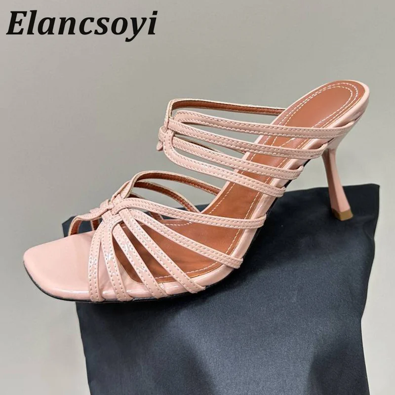 

Women's Genuine Leather Narrow Band Open Toe Slippers Solid Color Versatile High Heels Summer Party Banquet Dresses Shoes 2024