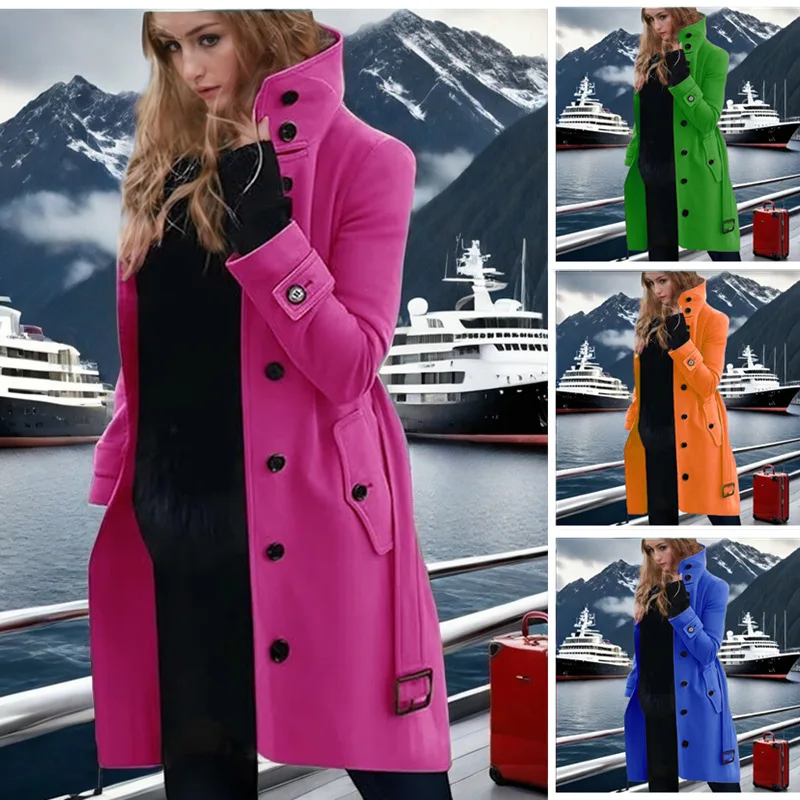 Europe and the United States autumn and winter plus-size woolen women's coat single row multi-button woolen button-down coat