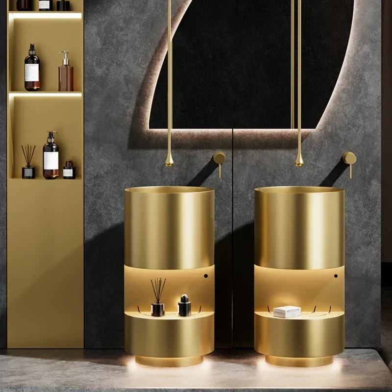 

Golden Round Column Bathroom Floor-to-ceiling Washbasin Hotel Basin Stainless Steel