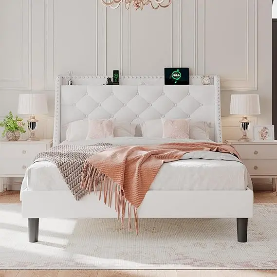 Queen Size Bed Frame, Wingback Button Tufted Headboard, Type Ac Ports Storage, Upholstered Platform Wood Slats