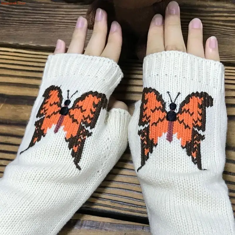 Q5WE Knit Glove Half Finger Mitten Stretchy Embroidery Butterfly Pattern Ski Glove