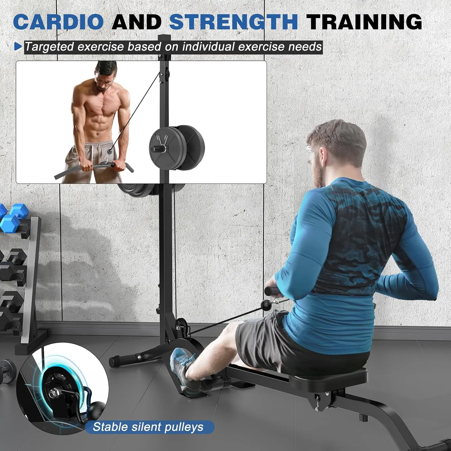 Foldable Rowing Machine,Adjustable LAT Pull Down & Low Row Cable Machine with Weight Plates,2 in 1 Multi-Function Compact Rowing