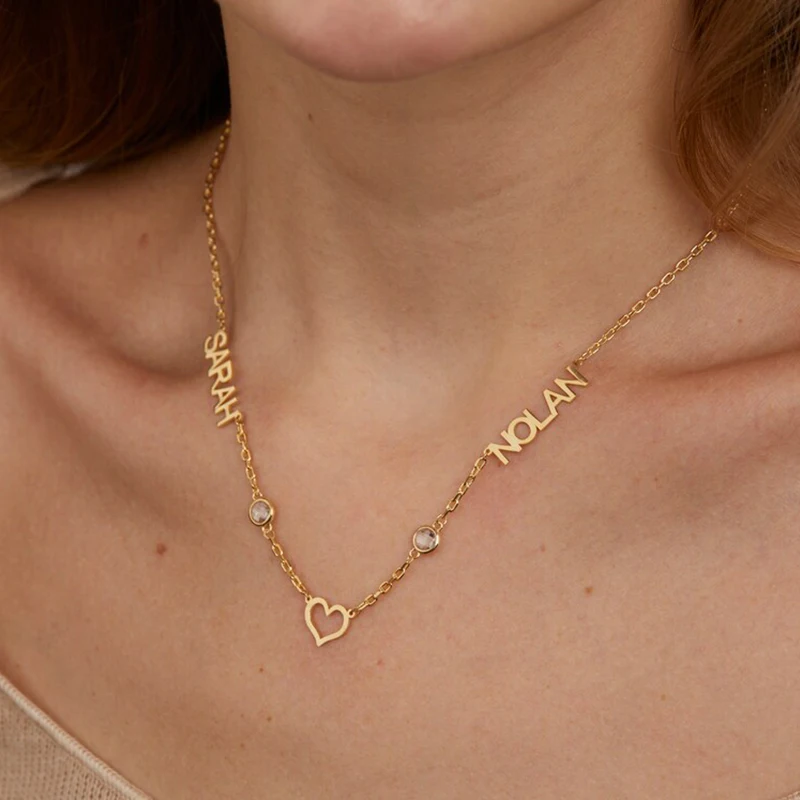Collar personalizado con doble nombre, collar de acero inoxidable con nombre de pareja y niños, collar de circón con corazón, regalo de joyería de Navidad familiar