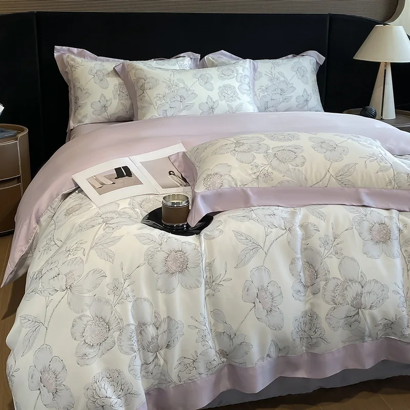 Spring and summer cool feeling, Tencel four piece set, A-class high-end simple luxury duvet cover, silky smooth nude sleeping be