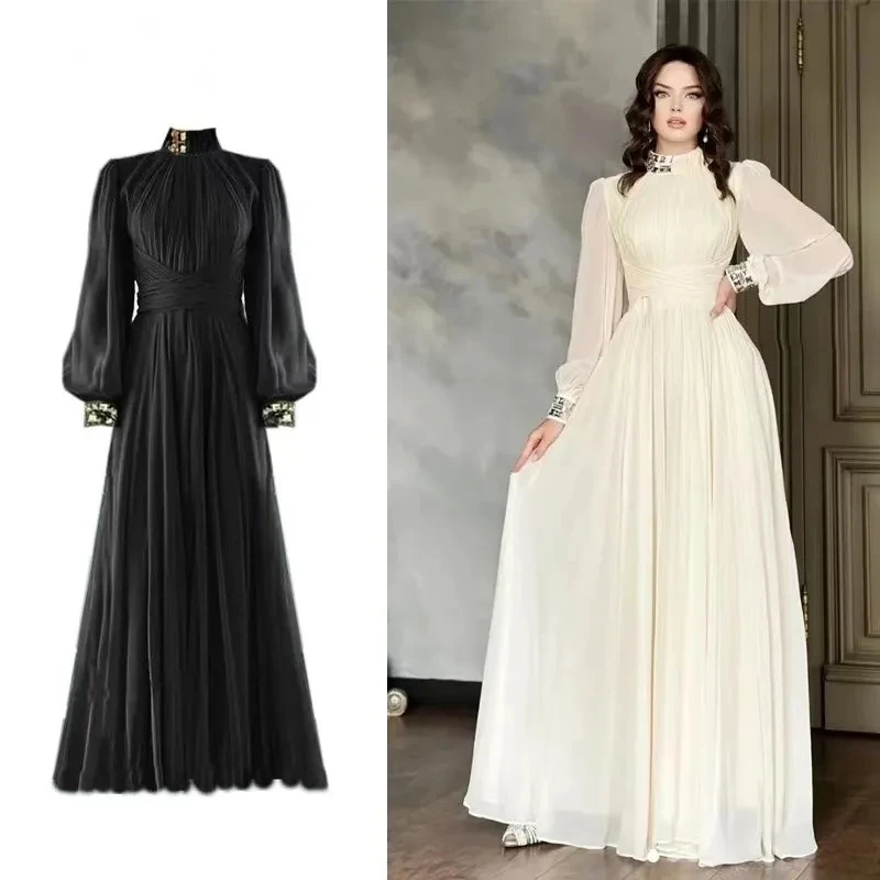 2024 nuova estate autunno abito lungo in Chiffon elegante donna colletto alla coreana diamanti lanterna manica a vita alta Prom Party Robe Vestidos