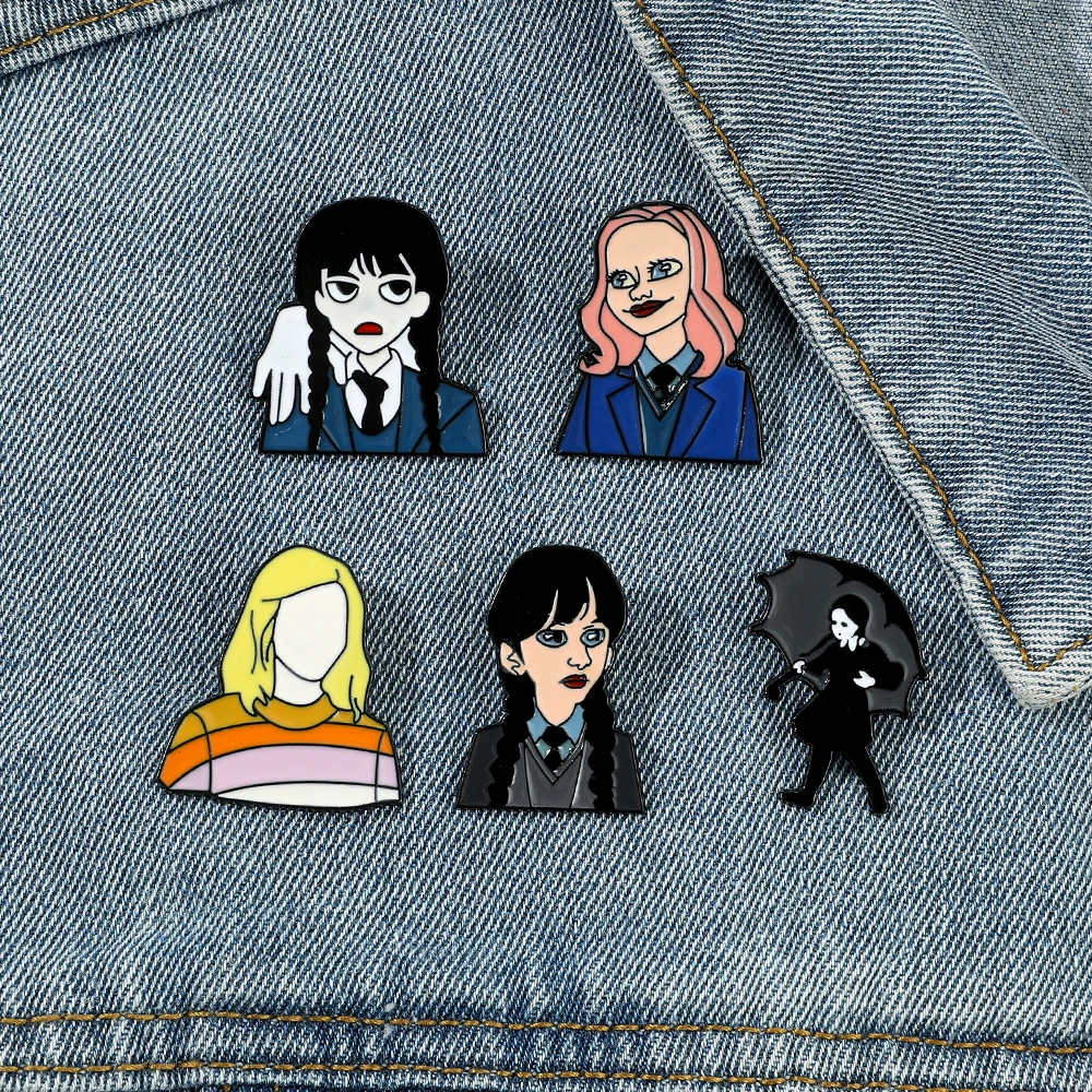 Hot Sale Wednesday Addams Enamel Pin Custom Brooches Shirt Lapel Teacher Tote Bag Backpack Badge Pin Accessories