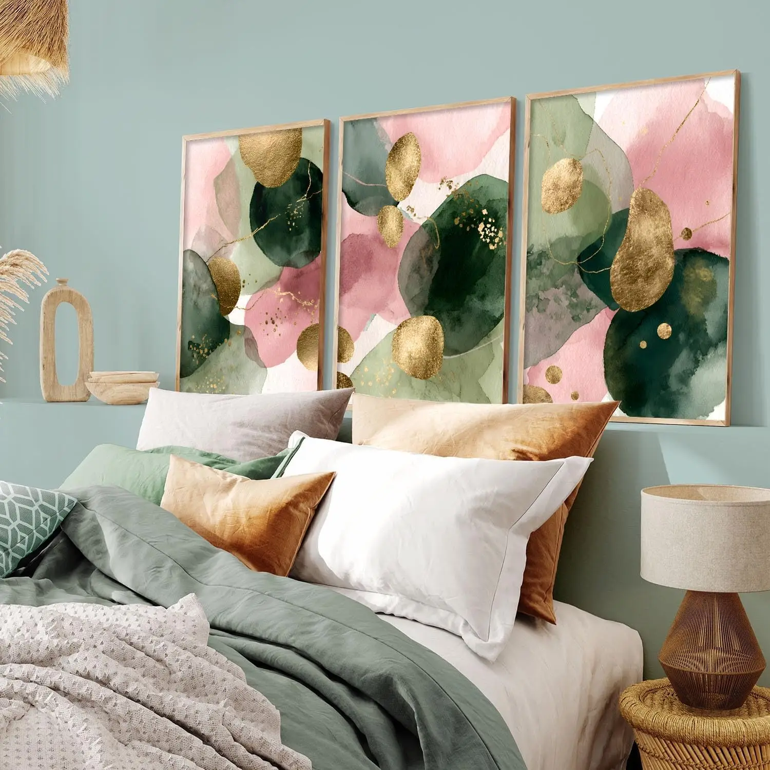

Abstract Canvas Wall Art Set of 3 Blush Pink Green Watercolor Poster Wall Art for Modern Living Room and Bedroom Home Decor