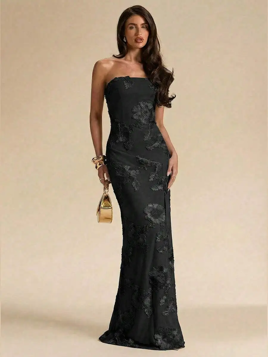 

Sleeveless Textured Black Embroidered Floral Evening Gown For Cocktail Party Wedding Guest