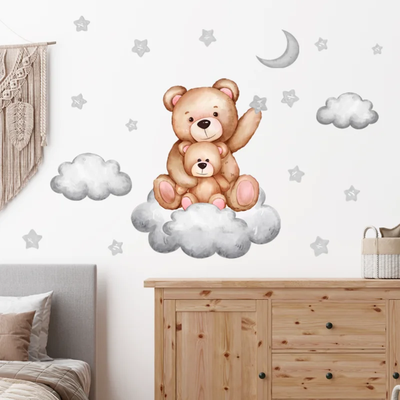 Cartoon Kleine Beer Stars Wolken Maan Muursticker Kinderen Slaapkamer Achtergrond Decora Kleuterklas Sticker Antifouling