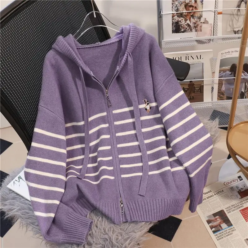 

Striped Hooded Zipper Knitted Cardigan Women's Korean Version Loose and Lazy Style Western Style Sweater Jacket