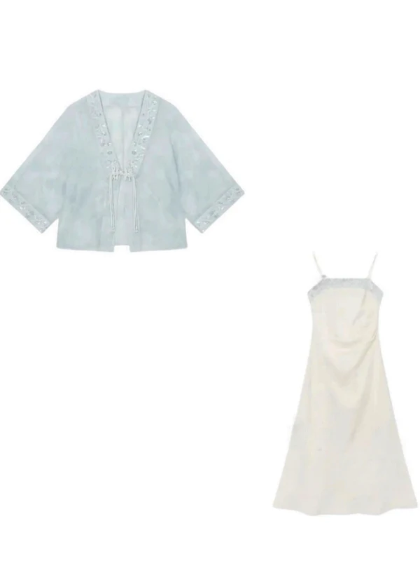 

Retro Embroidered Slim Fit Lightweight Open Cardigan Summer New plus Size Fat MM Strap Dr Set Women's Faion Set