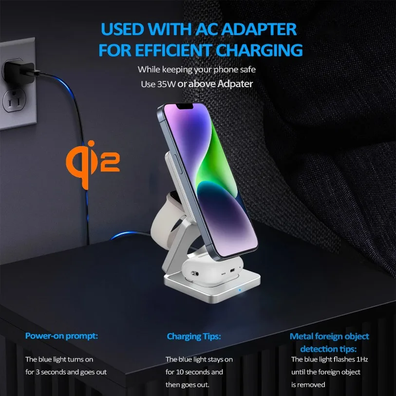 Qi2 3 in 1 15W Magnetic Wireless Charger for Iphone 17 16 15 14 Fast Charging Folding for Apple Watch Airpods Wireless Charger