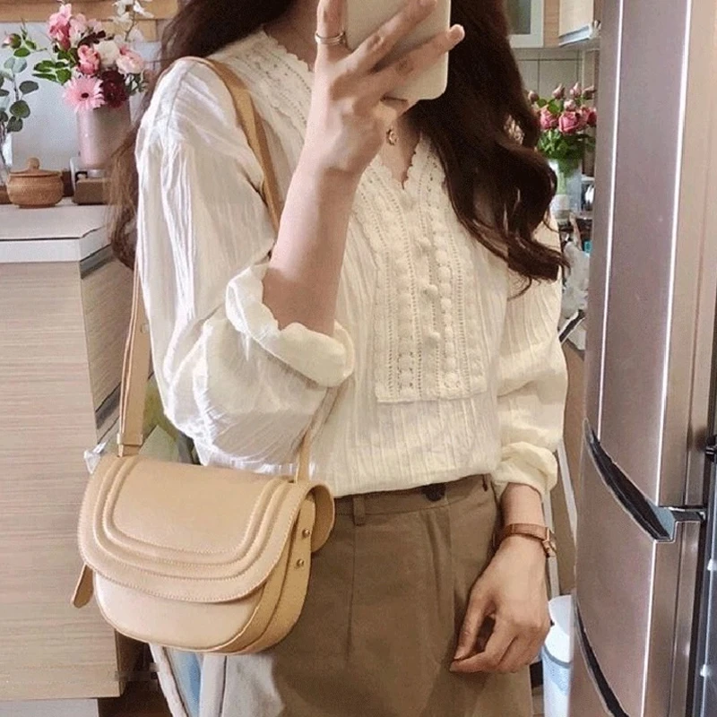 Summer Elegant Lace Blouse Fashion Women New Long Sleeve Loose Casual Shirt Ladies Office Spring V Neck Female Tops 8225