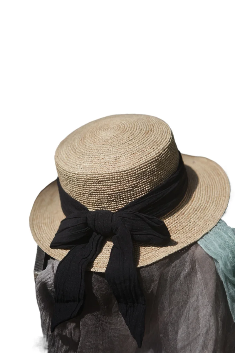 

Raffia grass bow straw hat women summer shade travel literary retro beach hat