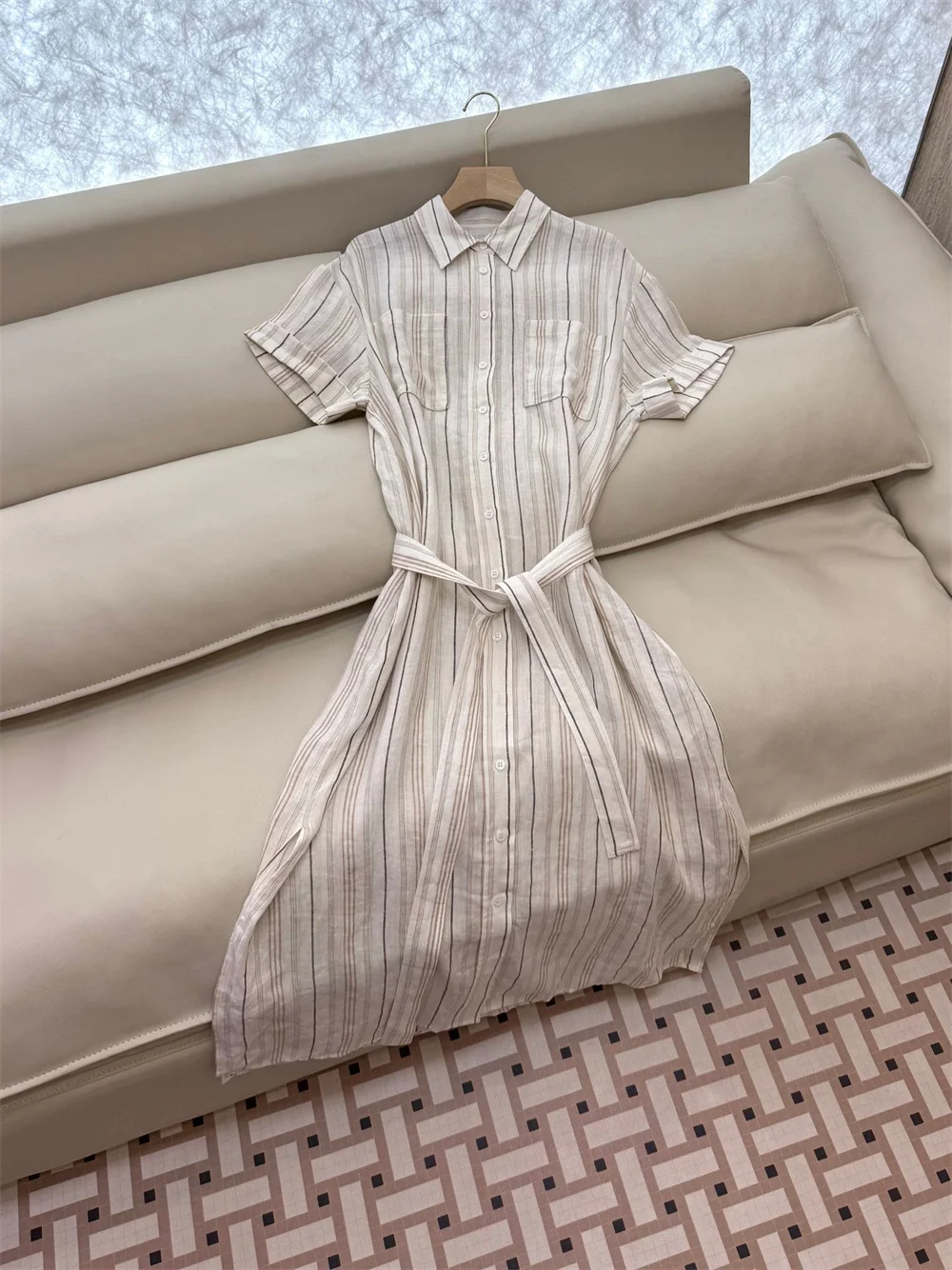 

Women's Casual Elegant Stylish Sophisticated Dress Collared Linen Tie-Waist Striped Dresses