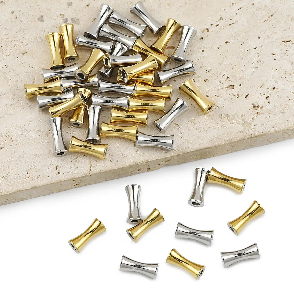 50-10pcs/Lot Bamboo Tube Gold Color Stainless Steel Round Cylindrical Metal Spacer Loose Beads For Jewelry Making Bracelet DIY