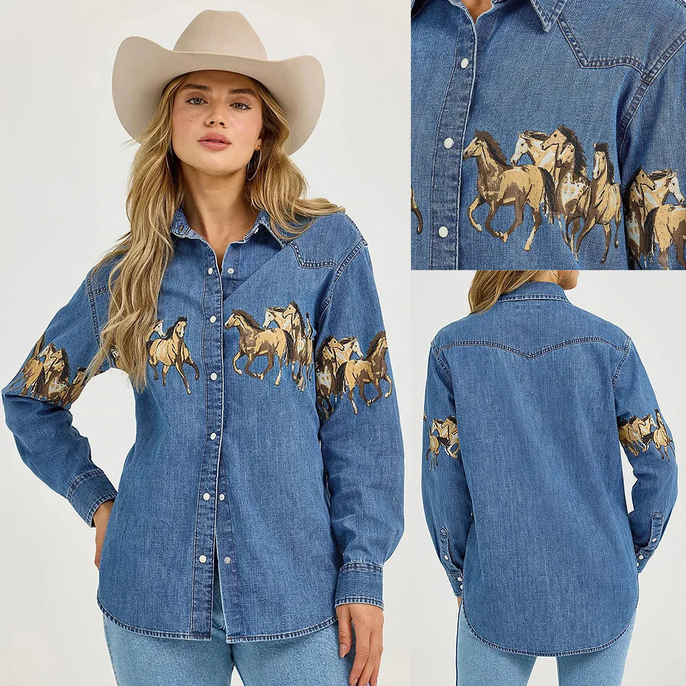 

Horse Print Denim Shirt Jacket 2026 New Vintage Western Style Oversized Top Women Casual Spring Summer Biker Festival Outfit