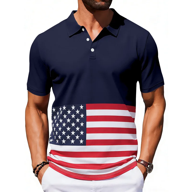 

Men's American Flag Print Polo Shirt Short Sleeve Lapel Neck Casual Patriotic T-Shirt for Daily Commute & Outdoor Activities。