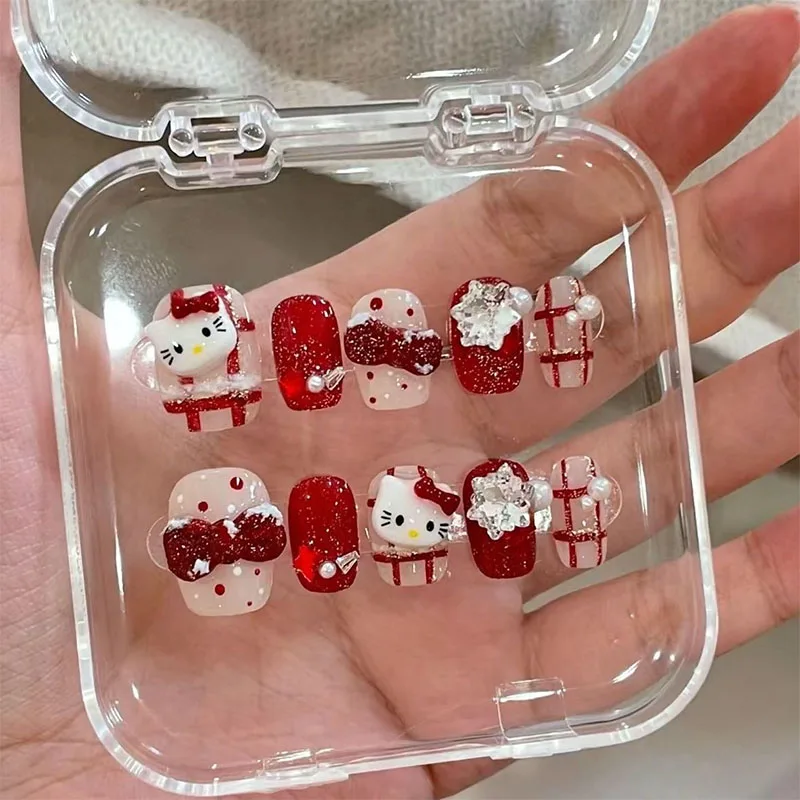 

Hellokittys блестящая клетчатая одежда для ногтей Девочка Сердце Ins мультяшный милый ученический бант высокая цена ручная работа съемный портативный маникюр