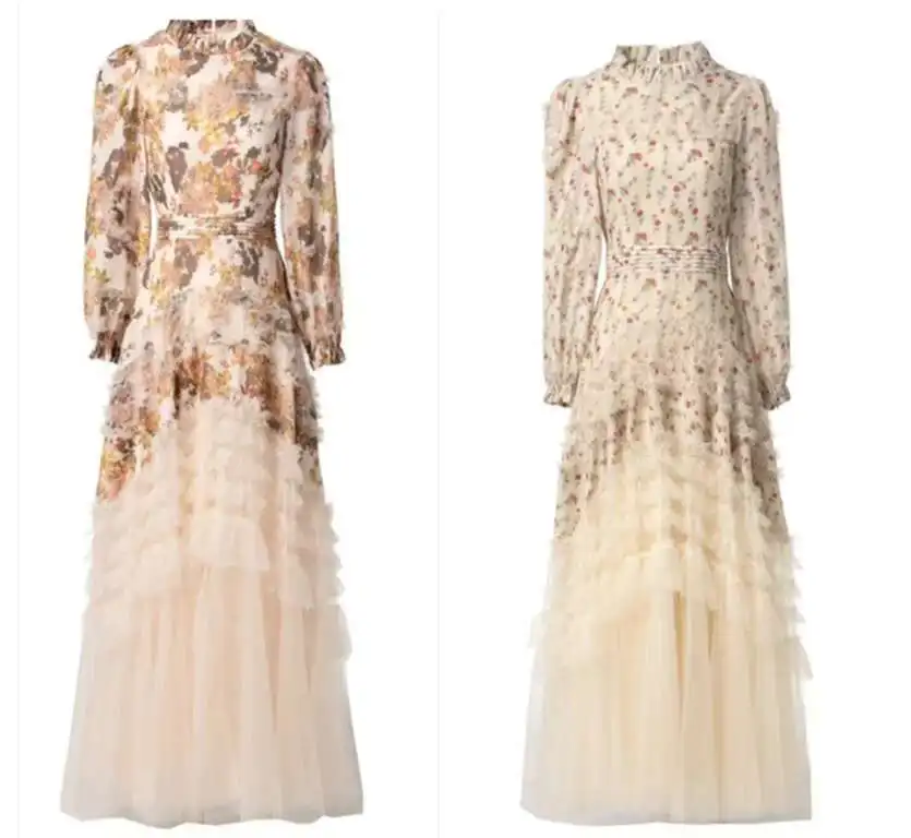 Elegante manga longa ral maxi vestidos femininos primavera verão malha tule impresso festa à noite vestidos camada babados bolo robe