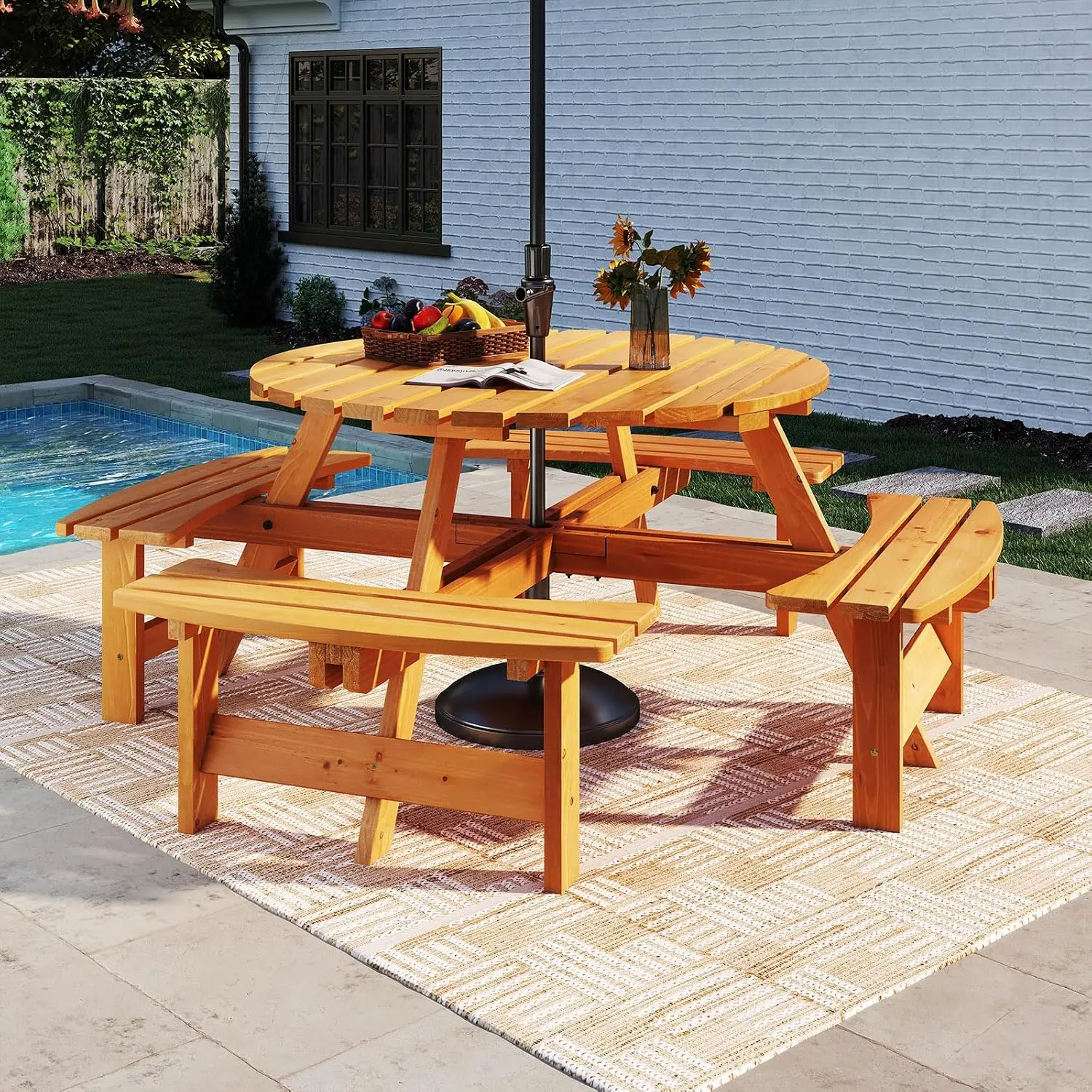 8-Person Wood Picnic Table, Outdoor Round Table and Bench Set with 4 Built-in Benches, Umbrella Hole, Perfect for Outside