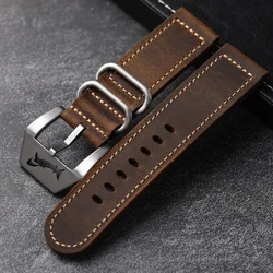 Handmade Head Layer Cowhide Leather Strap 20 22 24MM Shark Shaped Buckle, Folded Without Clip Men's Vintage, For PAM111