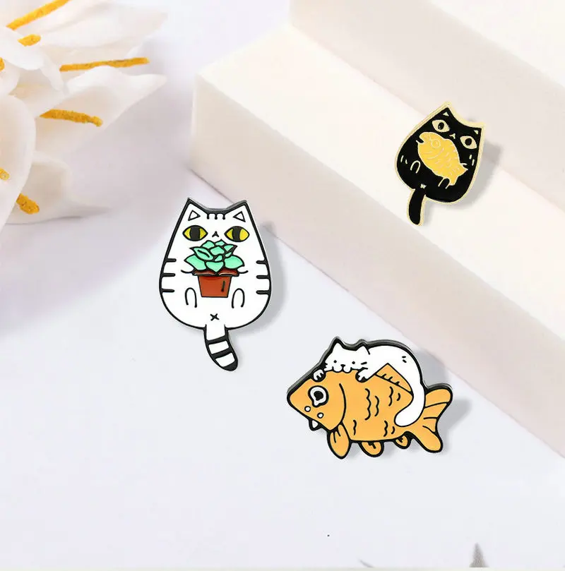 

10 PCS / LOT Cats and Fish Enamel Pins Custom Funny Animal Plant Brooches Bag Clothes Lapel Pin Cute Kitten Badge Jewelry