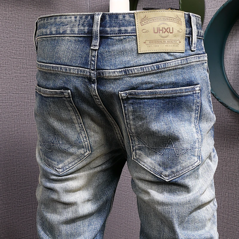 Italian Style Fashion Men Jeans High Quality Retro Blue Slim Fit Ripped Jeans Men Trousers Vintage Designer Denim Pants Hombre