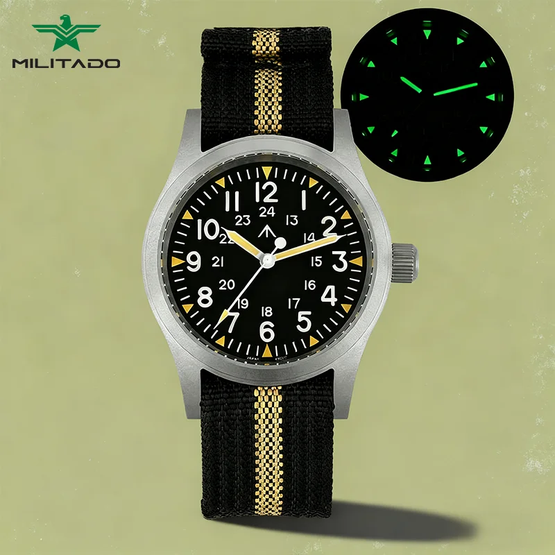 Militado ML05B Field Watch Miyota 2035 Quartz Movement Sapphire Crystal C3 Green Luminous 100 Waterproof 38Mm Vintage Watches