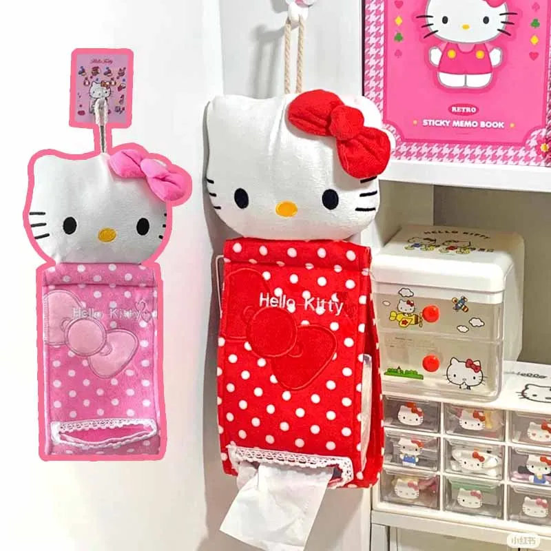 Bolsa colgante en rollo de Hello Kitty con lunares rosas Kawaii, bonito colgante Harajuku japonés, estante de almacenamiento de pañuelos 3D, regalo de cumpleaños
