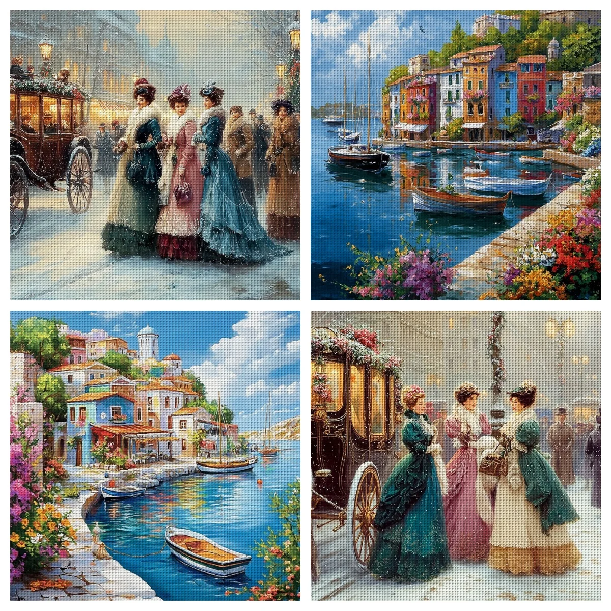 1 Stück 36x36cm/14,17x14,17 Zoll, 11CT Druck-Kreuzstich-DIY-Set, Viktorianische Dame & Küstenszenerie, Entspannendes Kreuzstich-Set für Erwachsene Anfänger