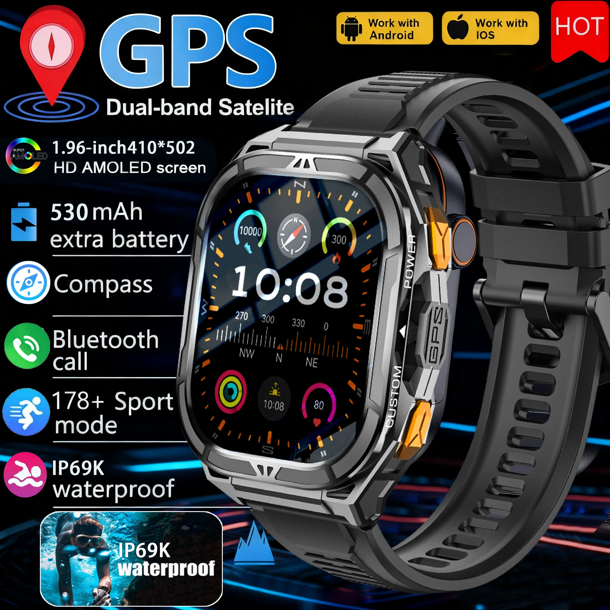 2025 New Military Smart Watch for Men Built-in GPS IP69X Waterproof Outdoor Sport Fitness Tracker Health Monitor Bluetooth Call